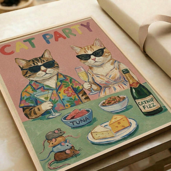 May include: Vintage-style poster print displayed on white paper showing two cats wearing sunglasses at a party table. One cat wears a colorful Hawaiian shirt, the other a striped shirt, both holding drinks. Table has tuna can, cheese, catnip fizz bottle, and small mice below. Pink background with multicolored "CAT PARTY" text at top. Cream ribbon visible in corner of photo.