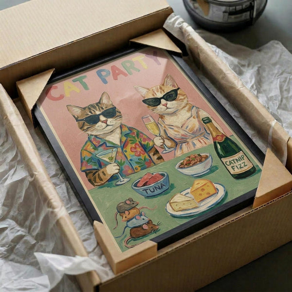 May include: Framed poster print showing two orange tabby cats wearing sunglasses at a party table with champagne glasses, displayed in black frame inside cardboard shipping box with protective wrapping. Colorful vintage-style artwork features cats in Hawaiian shirts with party food including tuna, cheese, and mice below. Pink background with "CAT PARTY" text at top.