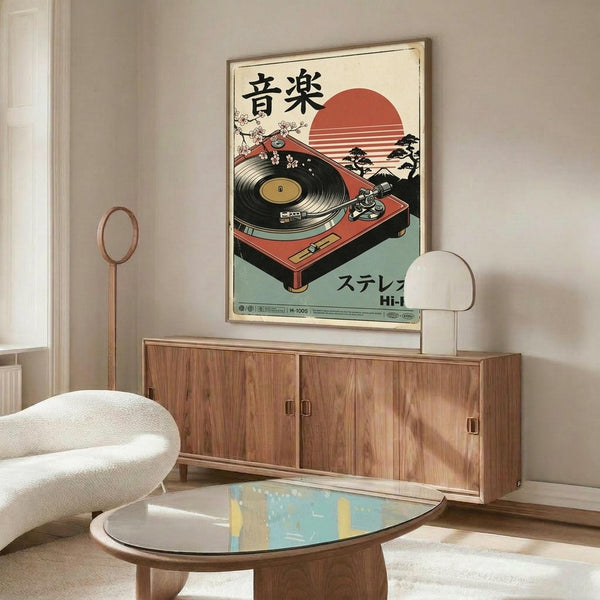 May include: Japanese-style vintage poster featuring red turntable with black vinyl record, orange sun, cherry blossoms, and bonsai trees, displayed above mid-century walnut credenza in modern living room with white curved chair, brass floor lamp, and glass coffee table on cream walls