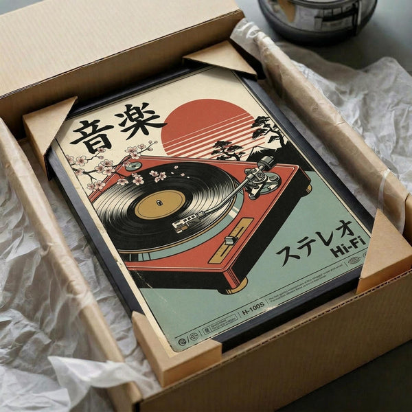May include: Framed poster print featuring a vintage-style illustration of a red turntable with black vinyl record, decorative cherry blossoms, and Japanese characters against a cream background with coral sun. The artwork has a retro aesthetic with green accent section. Shown unboxed with cardboard packaging and tissue paper on white surface.