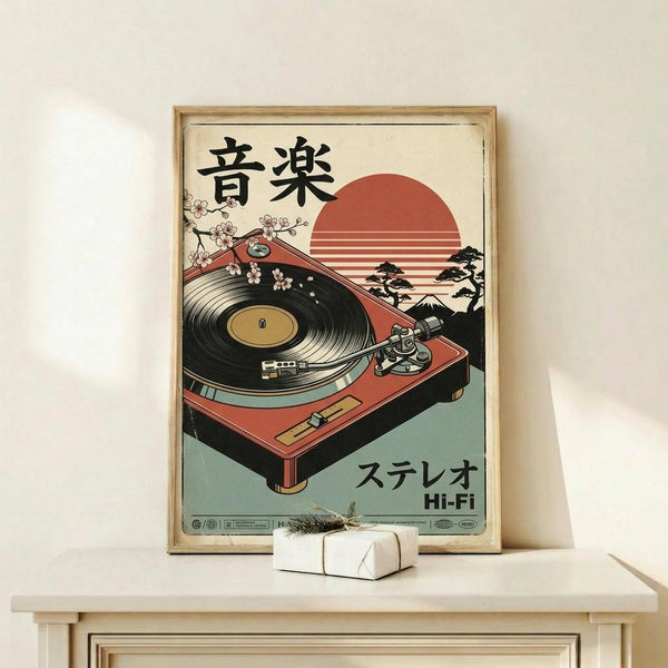 May include: Framed vintage-style poster featuring a red turntable with cherry blossoms and Japanese text against a sunset backdrop with bonsai trees, displayed on a light wood shelf next to a small white wrapped gift with natural twine and dried sprig accent.