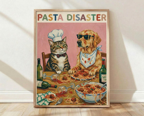 May include: Framed vintage-style poster with colorful "PASTA DISASTER" text showing a tabby cat in chef's hat and bow tie sitting beside a golden retriever wearing sunglasses and bandana at messy dinner table covered in spaghetti, meatballs, wine bottles, and scattered pasta. Pink background, warm retro illustration style, displayed against white wall on light wood floor.