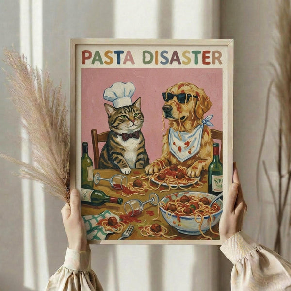 May include: Hands holding a framed poster print featuring a tabby cat in a chef's hat and golden retriever in sunglasses sitting at a messy table covered in spilled pasta, wine bottles, and sauce. The colorful artwork has "PASTA DISASTER" text at the top against a pink background. Natural wood frame, neutral room setting with dried wheat stems visible.