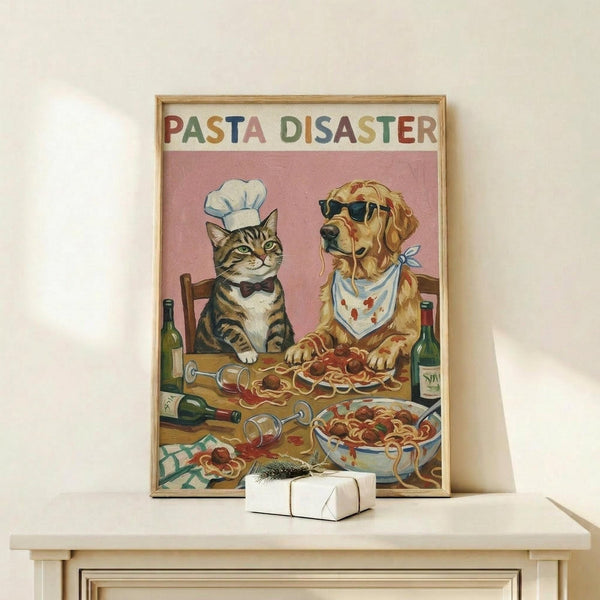 May include: Framed poster print displayed on light wood console table against cream wall. Artwork shows tabby cat wearing chef's hat and golden retriever in sunglasses at wooden table covered in spaghetti and meatballs with wine bottles. Colorful text reads "PASTA DISASTER" at top. Small wrapped gift box sits on table beside frame. Warm, humorous vintage-style illustration with pink background.