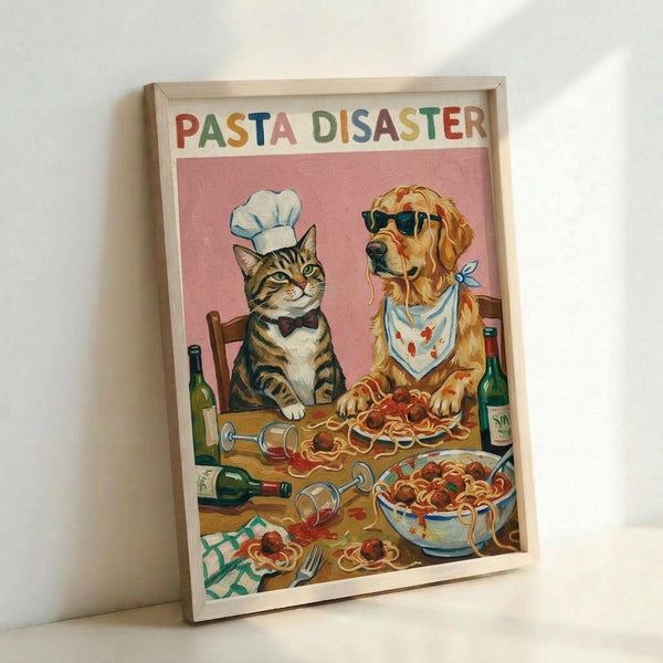 Framed art print showing a tabby cat wearing a chef's hat and bow tie sitting at a wooden table with a golden retriever wearing sunglasses and a bandana. The table is covered with spilled spaghetti and meatballs, wine bottles, and plates, creating a messy dining scene. The artwork has a pink background and cartoon-like illustration style with "PASTA DISASTER" text at the top in colorful letters. The print is displayed in a light wood frame against a white wall.