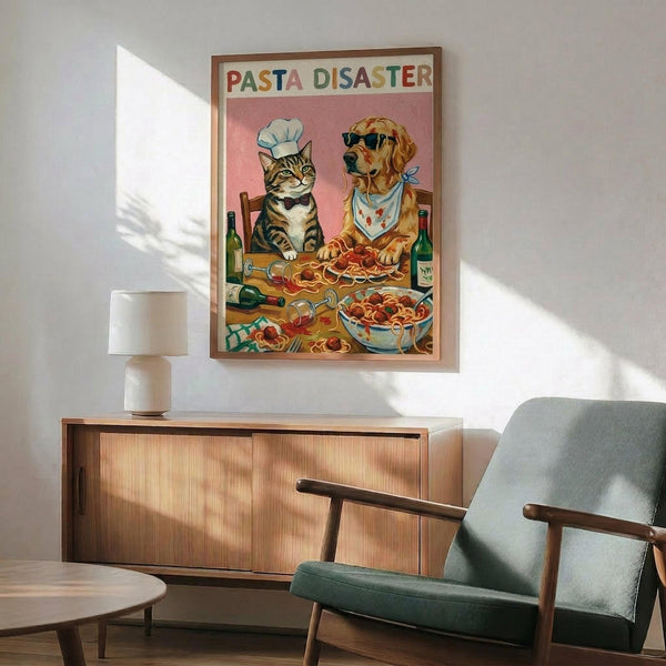 May include: Framed vintage-style poster artwork showing a tabby cat wearing a white chef's hat and a golden retriever in sunglasses and bandana sitting at a messy dinner table covered with spilled pasta, wine bottles, and dishes. The colorful illustration has a pink background with "PASTA DISASTER" text at top. Displayed above a wooden sideboard with white lamp next to a mint green mid-century modern armchair in a bright, minimalist living room setting.