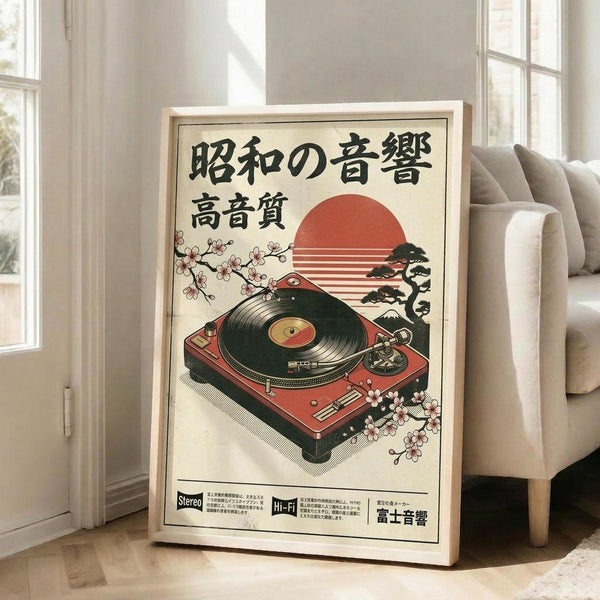 May include: Framed vintage-style Japanese poster featuring red turntable with cherry blossom branches and rising sun design, displayed against white wall next to beige sofa in bright living room with large windows and hardwood floors.