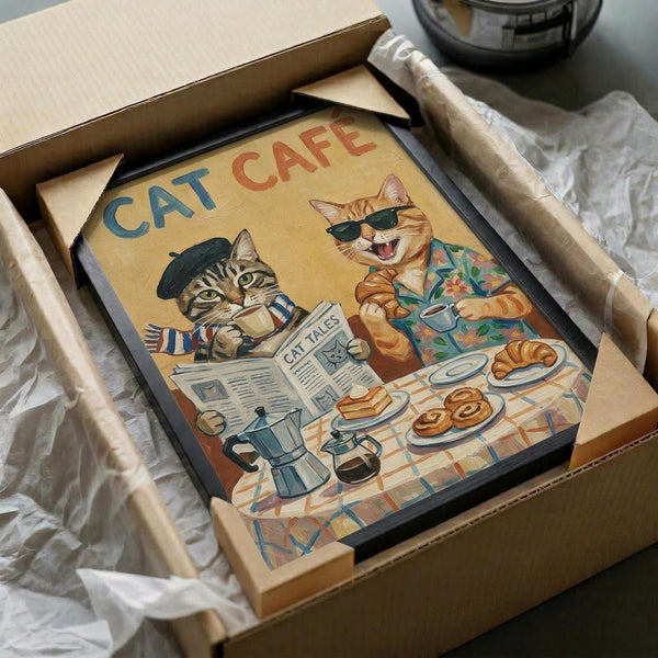 May include: Vintage-style poster print in black frame showing two illustrated cats at breakfast table - tabby cat in beret reading "Cat Tales" newspaper and orange cat in sunglasses and floral shirt holding coffee cup, with "CAT CAFE" text above, pastries and coffee items on checkered tablecloth, displayed in cardboard shipping box with protective wrapping on white surface
