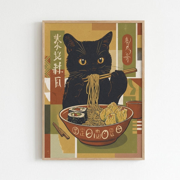 Framed poster featuring a black cat with golden eyes eating noodles from a large ramen bowl with chopsticks. The bowl contains noodles, sushi rolls, and dumplings. Japanese characters appear on the left side and in a red oval on the right. The artwork uses a vintage-inspired color palette of mustard yellow, olive green, and rust orange with geometric patterns in the background. The poster is displayed in a light wood frame against a white wall.