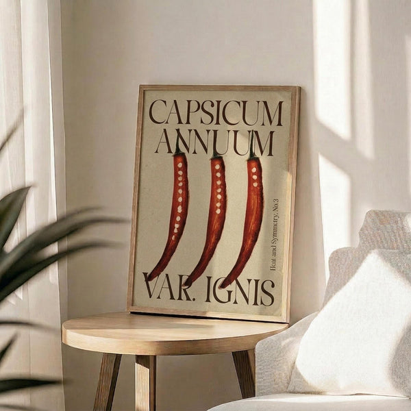 May include: Framed botanical print displaying three red chili peppers with white seed dots on cream background, featuring scientific Latin text. Natural wood frame sits on round wooden stool beside beige upholstered chair and green plant leaves. Soft natural lighting creates geometric shadows on white walls in minimalist room setting.