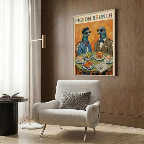 May include: Framed poster with two stylized pigeons wearing vintage clothing and sunglasses sitting at a round table with brunch items including pancakes, croissants, and coffee cups against an orange background. Poster hangs on wood paneled wall above cream colored mid-century modern armchair with geometric patterned throw pillow. Modern brass floor lamp and black side table with open book complete the sophisticated living room setting.