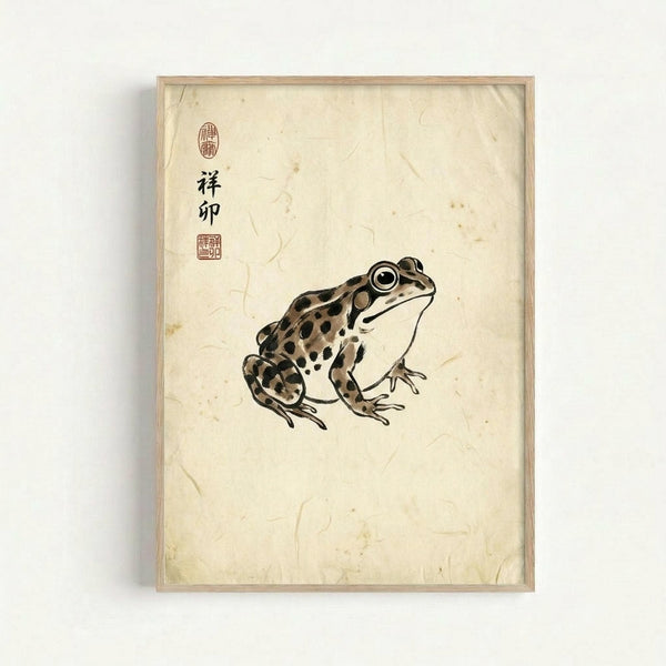 Framed artwork showing a spotted frog painted in traditional Japanese ink wash style on aged cream paper. The frog has brown and black spots with prominent round eyes, rendered in loose brushstrokes. Chinese or Japanese characters and red seal stamps appear in the upper left corner. The piece is displayed in a light wood frame against a white wall, giving it an authentic vintage appearance with natural paper texture and subtle staining.