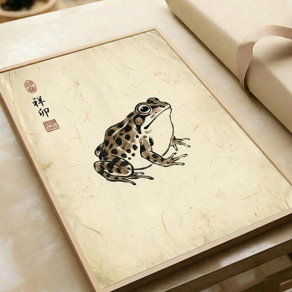 Traditional East Asian ink wash painting of a spotted frog rendered in brown and black tones on cream-colored textured paper. The frog sits upright with distinctive large eyes and detailed spotted pattern across its body. Red seal stamps and black calligraphy characters appear in the upper left corner. The artwork is mounted or displayed flat, showing the natural fiber texture of the paper background.