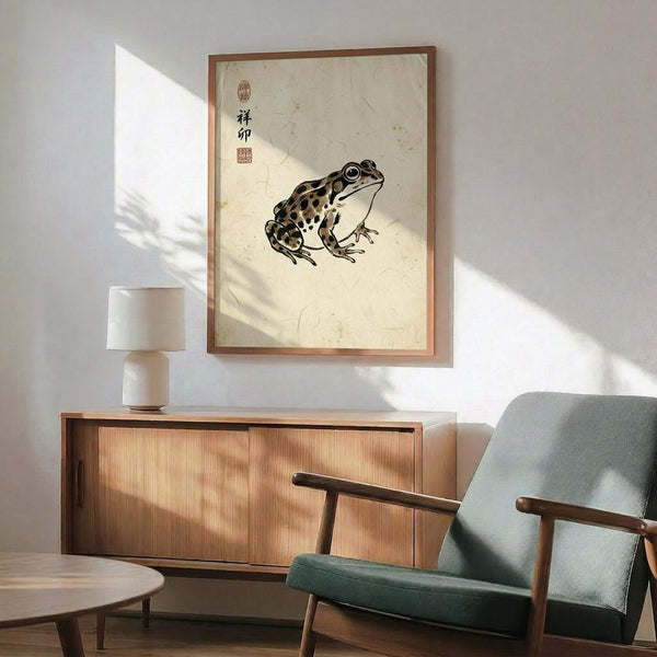 May include: Framed artwork showing a brown and black spotted frog rendered in Japanese ink wash painting style on aged cream paper with red seal stamps and black calligraphy characters. The print hangs above a wooden mid-century modern credenza with a white ceramic lamp, next to a sage green upholstered armchair with wooden frame. Warm sunlight streams across the white wall creating geometric shadows.