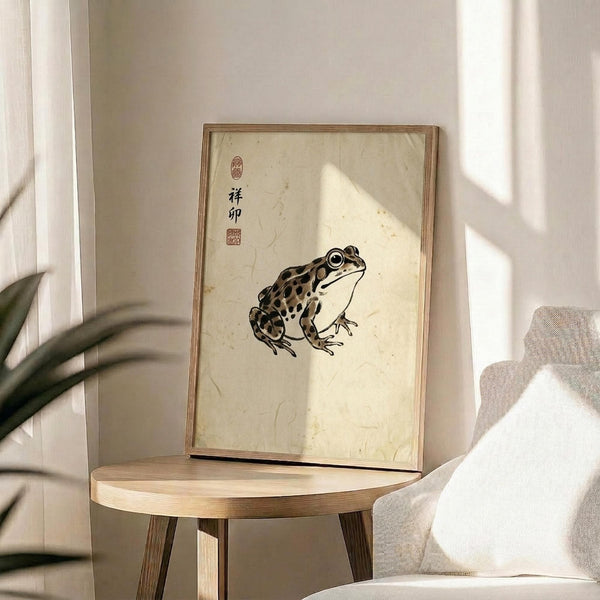 May include: Framed artwork featuring a spotted brown and cream frog in Japanese ink wash painting style on aged beige paper with traditional red seal stamps and vertical black calligraphy characters. The wooden-framed print sits on a light wood round side table next to a beige upholstered chair with white throw pillow. Soft natural window light creates shadows across the neutral-toned room setting with a green plant visible in the corner.