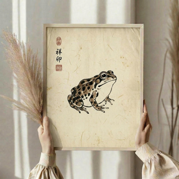 May include: Hands holding a framed artwork featuring a spotted brown and cream frog in Japanese ink wash style on aged beige paper with red seal stamps and black calligraphy characters. Natural wheat stems visible on left side. Person wearing cream ruffle-sleeved top against neutral curtained background.
