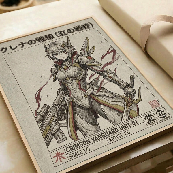 Vintage-style anime poster featuring an armored female warrior with short light hair wielding mechanical weapons. The character wears detailed white and red armor with flowing red ribbons. Japanese text appears at the top, with "CRIMSON VANGUARD UNIT-01" and "SCALE 1/7" printed at the bottom. The artwork has a weathered, beige background with crosshatched shading technique. The poster lies flat on a wooden surface next to rolled white paper.