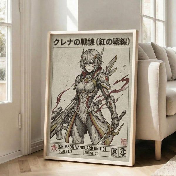 May include: Framed anime-style poster featuring an armored female warrior with pointed ears, white hair, and futuristic weapons, displayed against a white wall next to a beige sofa in a bright living room with large windows. The artwork has a vintage sepia tone with Japanese text at the top and technical specifications at the bottom, resembling a mecha blueprint or technical manual page.