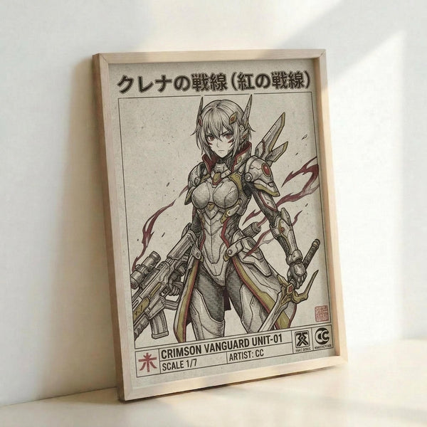 May include: Framed anime-style poster print leaning against white wall showing armored female warrior character with short light hair, pointed ears, holding weapons including rifle and bladed staff. Artwork features detailed line art with red accent colors on cream background. Japanese text at top, English text at bottom reads "CRIMSON VANGUARD UNIT-01" with scale and artist credits. Natural wood frame, approximately 8x10 size.