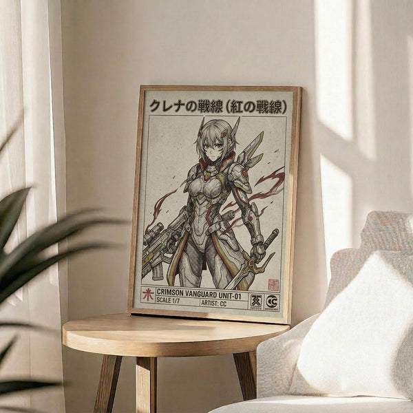 May include: Framed anime-style poster featuring an armored female warrior character with weapons, displayed on a round wooden side table next to a beige upholstered chair. Natural sunlight streams through white curtains in the background, with a green plant visible. The artwork shows muted earth tones and detailed line art in a manga aesthetic, housed in a thin natural wood frame.