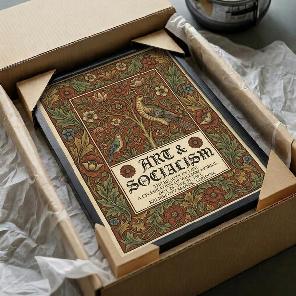 May include: Ornate Victorian-style poster with intricate floral border design featuring birds, flowers, and foliage in rich burgundy, gold, and green tones. The decorative print displays "ART & SOCIALISM" text in Gothic lettering within an elaborate botanical frame. Shown nestled in kraft paper packaging with tissue paper wrapping, surrounded by wooden dowels and dark glass objects on a neutral surface.
