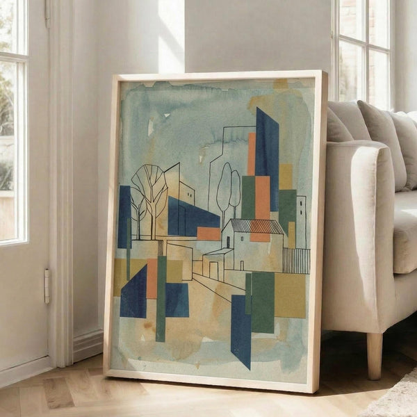 May include: Framed abstract architectural artwork leaning against white wall next to beige sofa. The print features geometric buildings, trees, and structures in muted blue, green, orange, and cream tones with cubist-style composition. Light wood frame, positioned on hardwood floor in bright room with large windows.