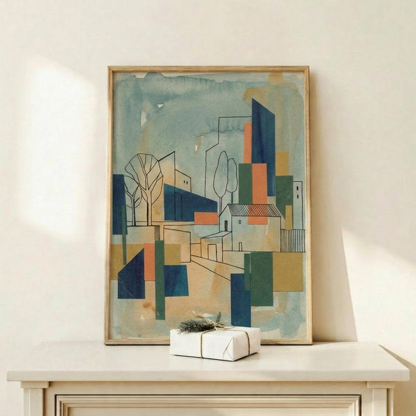 May include: Abstract modernist architectural artwork in wooden frame displaying geometric buildings, trees, and cityscape in muted blues, oranges, and greens. Watercolor-style painting with cubist influence showing angular structures and organic forms. Frame sits on light wood surface beside small white wrapped gift with evergreen sprig against cream wall.
