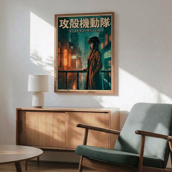 May include: Framed anime-style poster featuring a dark-haired figure in brown coat standing on balcony overlooking neon-lit cyberpunk cityscape with Japanese text at top, displayed above wooden sideboard with white ceramic lamp in modern living room with mint green upholstered chair and small round coffee table, natural sunlight casting shadows on white wall