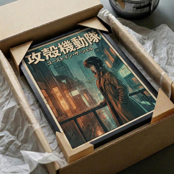 May include: Framed anime-style poster featuring a dark-haired woman in brown jacket looking through large windows at a futuristic cityscape with glowing buildings. Japanese text at top. Artwork has teal and orange color scheme with detailed urban background. Frame appears black, carefully packed in cardboard box with white tissue paper padding.