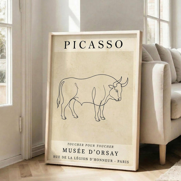 May include: Framed beige poster with black line drawing of a bull in minimalist style, displayed on hardwood floor next to beige sectional sofa in bright living room with white walls and large windows. Natural wood frame complements neutral interior design with soft natural lighting.