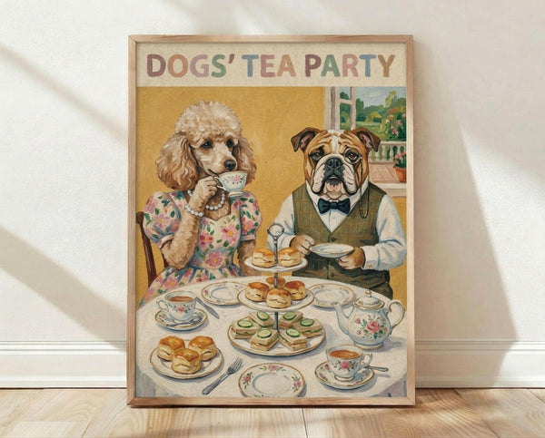 May include: Framed poster print leaning against white wall on light wood floor. Artwork shows whimsical illustration of two anthropomorphic dogs having afternoon tea - a poodle in floral dress with pearl necklace holding teacup, and a bulldog in green vest with bow tie. Table set with tiered serving stand, scones, sandwiches, floral china teapot and cups. Colorful title "DOGS' TEA PARTY" at top. Natural wood frame, vintage storybook illustration style.