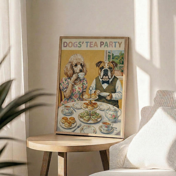 May include: Framed poster displaying two anthropomorphic dogs having tea - a poodle in floral dress holding teacup and bulldog in vest with bow tie. Table set with tiered serving plates, sandwiches, scones, floral teapot and china cups. Warm yellow and green color palette. Wood frame rests on round wooden side table next to beige upholstered chair, with plant leaves visible and soft window lighting.