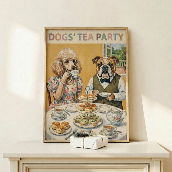 May include: Framed vintage-style illustration showing two dogs dressed as humans having tea - a poodle in floral dress holding teacup and bulldog in vest with bow tie at table set with tiered serving plates, scones, sandwiches, and floral china. Colorful text reads "DOGS' TEA PARTY" above charming scene. Wood frame sits on light wooden shelf next to small wrapped gift with greenery sprig.