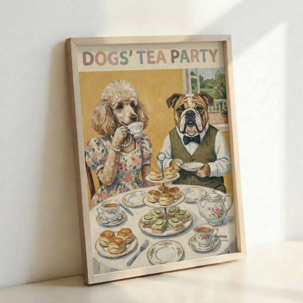 May include: Framed poster print leaning against white wall showing whimsical illustration of two anthropomorphic dogs having tea. A poodle in floral dress with pearls sits beside a bulldog in vest and bow tie. Table set with fine china teacups, tiered serving plates of scones and sandwiches, and teapot. Colorful vintage-style artwork in natural wood frame.