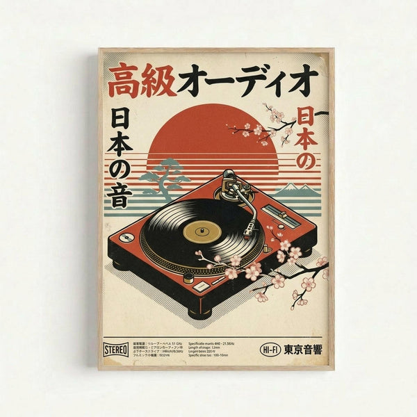 Vintage-style poster featuring a red and black turntable with cherry blossom branches against a retro Japanese sunset backdrop. The design includes Japanese text, a large red sun with horizontal stripes, Mount Fuji silhouette, and decorative pink sakura flowers. Technical specifications appear at the bottom with "STEREO" and "HI-FI" labels. The artwork has a cream background with halftone dot patterns and is displayed in a light wooden frame against a white wall.