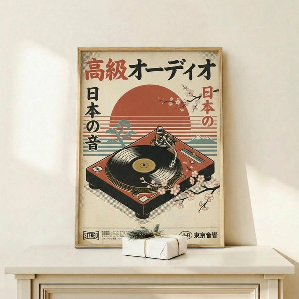 May include: Vintage-style Japanese poster featuring red turntable with vinyl record against sunset backdrop with Mount Fuji silhouette and cherry blossom branches. Japanese text in red and black characters, retro horizontal lines across design. Framed in light wood frame, displayed on white wooden shelf next to small white wrapped gift with greenery sprig. Cream colored wall background.