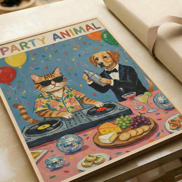 A colorful illustrated poster showing a cat DJ wearing sunglasses and a floral Hawaiian shirt operating turntables, alongside a golden retriever in a black tuxedo holding champagne flutes. The festive party scene includes balloons, confetti, disco balls, a cheese and grape platter, and drinks against a blue background with "PARTY ANIMAL" text at the top. The artwork is displayed on white paper with a white ribbon visible in the corner.