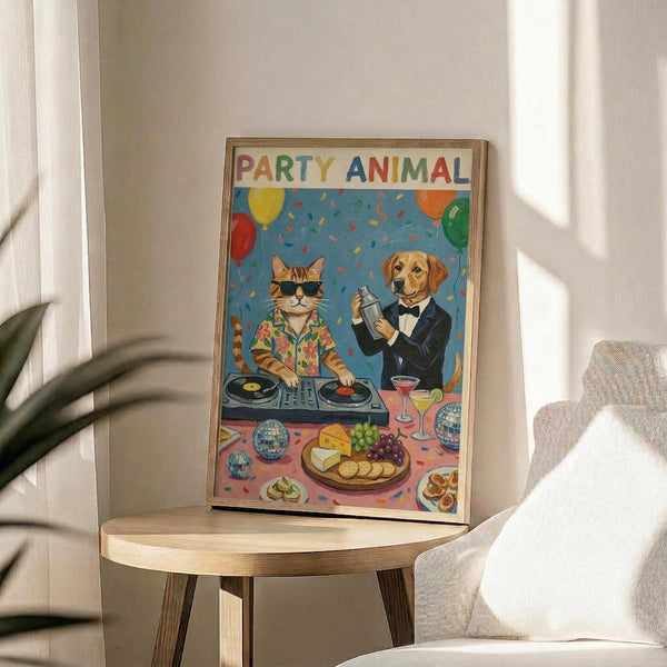 May include: Framed poster print displayed on light wood round side table next to beige upholstered chair. Artwork shows cartoon cat wearing sunglasses and floral shirt DJing alongside golden retriever in black tuxedo holding cocktail shaker. Colorful party scene with balloons, confetti, cheese platter, and cocktails on pink table surface. Blue background with "PARTY ANIMAL" text in rainbow letters across top.