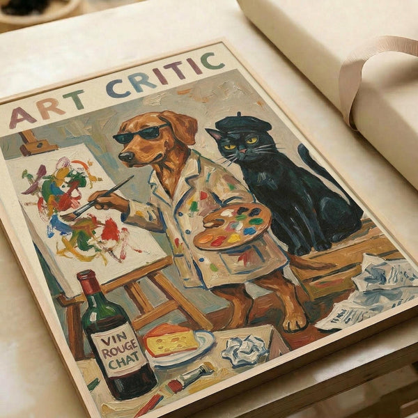 Whimsical vintage-style poster showing a brown dog wearing sunglasses and beret, holding a painter's palette while sitting next to a black cat in a French beret. The scene depicts an art studio with an easel, colorful abstract painting, wine bottle labeled "Vin Rouge Chat," cheese and coffee on a table. The poster has "ART CRITIC" text at the top in rainbow letters and features warm, painterly brushstrokes throughout. Shown flat on white paper with soft lighting.