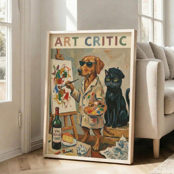 May include: Framed poster print leaning against white wall next to beige sofa in bright living room. Artwork shows brown dog wearing sunglasses and paint-splattered smock holding palette and brush, painting at easel with black cat wearing beret sitting nearby. Wine bottle labeled "Vin Rouge Chat" and cheese visible on floor. Colorful text reads "ART CRITIC" at top. Vintage-style illustration with warm tones in light wood frame.