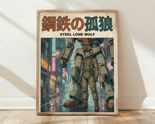 May include: Framed poster print leaning against white wall on light wood floor. Shows anime-style illustration of pilot in brown flight suit standing beside large green and tan military mecha robot in futuristic city street with neon signs. Japanese text at top in orange and teal colors with "Steel Lone Wolf" subtitle. Natural wood frame, soft lighting with shadows cast on textured white wall.