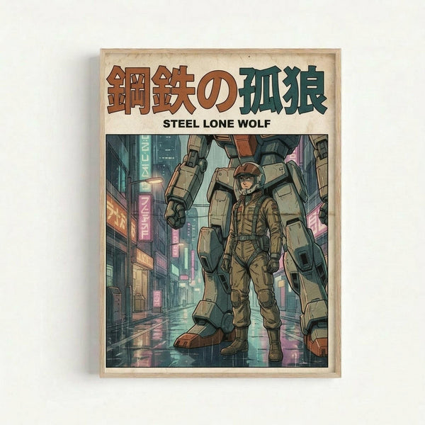 Framed poster featuring a large mech robot and human pilot in military gear standing on wet city streets. The artwork shows a cyberpunk anime style with neon signs, tall buildings, and reflective pavement in blues and teals. Japanese characters appear at the top in brown and dark green colors, with "STEEL LONE WOLF" in English below. The wooden frame has a natural finish and casts a subtle shadow against the white wall.