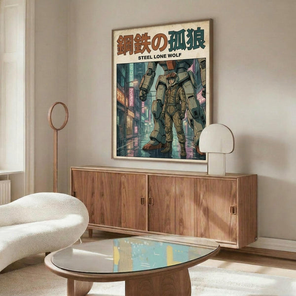 May include: A framed poster displaying a large military mech robot and pilot figure on a futuristic city street with neon signs and Japanese text. The artwork features detailed illustrations in muted greens and browns. The poster hangs above a mid-century modern walnut credenza with brass hardware in a minimalist living room setting with white walls, a curved white chair, glass coffee table, and warm natural lighting.