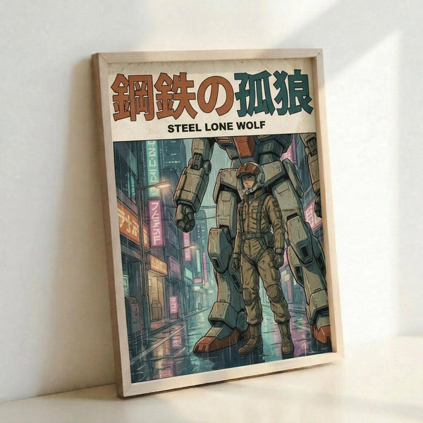 May include: Framed poster print leaning against white wall showing anime-style mecha robot pilot in brown armor standing in neon-lit cyberpunk city street. Artwork features detailed mechanical suit, glowing signs, wet pavement reflections in blues, greens, and pink tones. Light wooden frame on light surface.