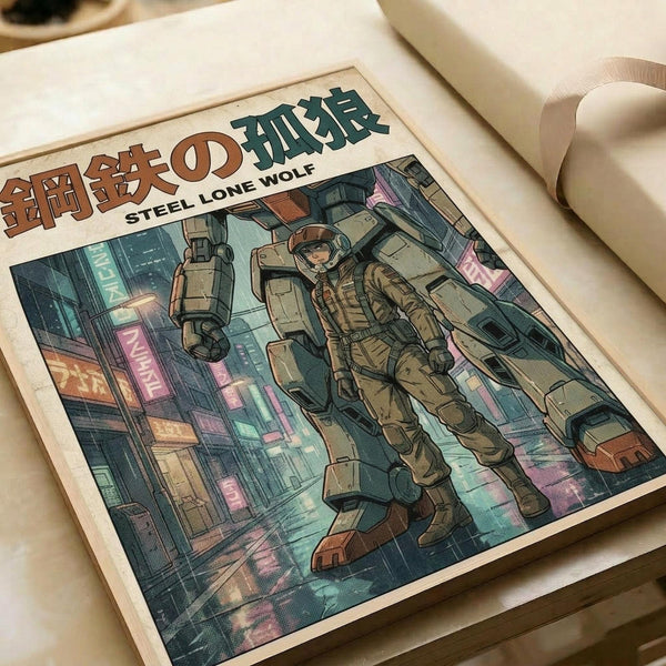 May include: Vintage-style poster print featuring armored soldier and large mech robot walking through rainy cyberpunk city street with neon signs. Japanese text header reads "Steel Lone Wolf." Artwork shows detailed illustration in muted greens, browns, and pink accent colors. Print displayed in wooden frame on white surface next to rolled paper tube.