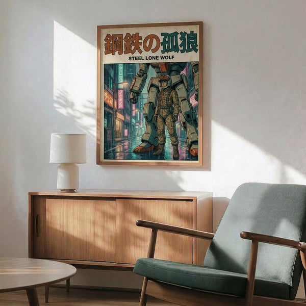 May include: Framed poster showing a mecha robot pilot in military gear standing among towering robots in a neon-lit cyberpunk city street. The artwork features Japanese text at the top with "Steel Lone Wolf" subtitle. Displayed above a wooden sideboard with table lamp in a modern living room with mid-century green armchair, creating warm sunlit shadows on white walls.