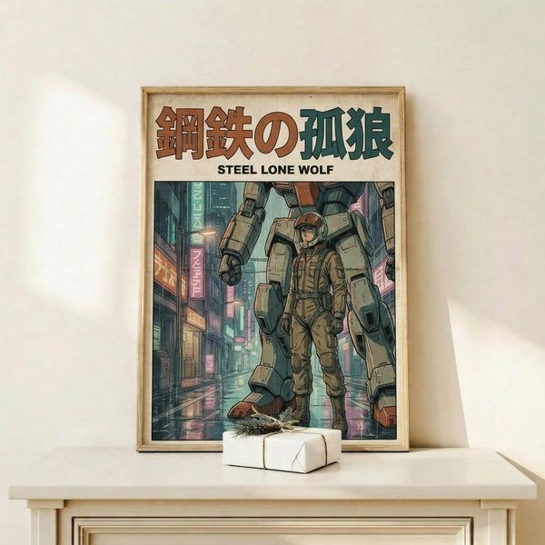 May include: Framed poster displaying a mecha pilot in brown armor standing beside a large robot in a neon-lit cyberpunk city street. The artwork features Japanese text at the top with "Steel Lone Wolf" subtitle below. The wooden-framed print sits on a light wood shelf against a cream wall, with a small white wrapped gift box placed in front.