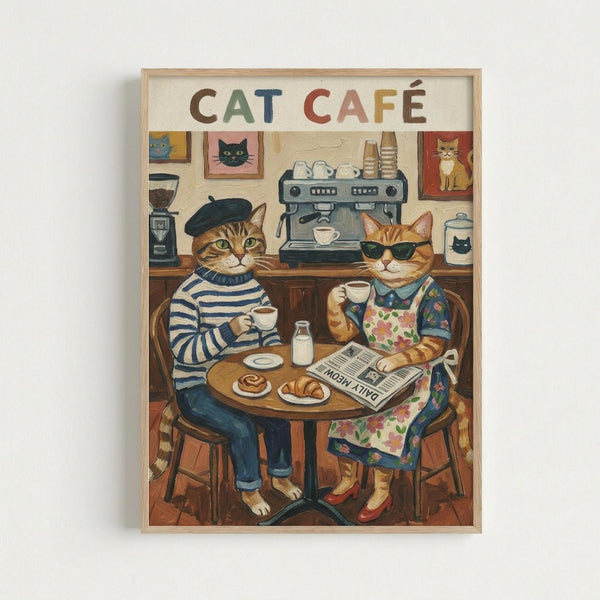 Framed vintage-style poster showing two anthropomorphic cats sitting at a cafe table. One orange tabby wears a black beret and striped shirt, while the other wears sunglasses and a floral dress. They're drinking coffee with pastries on their table. Behind them is an espresso machine, coffee grinder, and cat portraits on the wall. Text reads "CAT CAFÉ" in colorful letters across the top. Light wood frame against white wall.