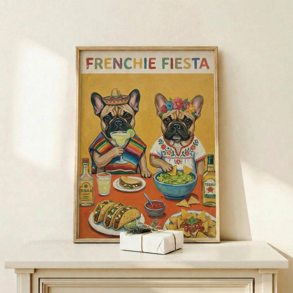 May include: Framed poster print displayed on light wood console against white wall, featuring two French bulldogs in colorful Mexican attire sitting at table with tacos, guacamole, margaritas and tequila bottles on vibrant yellow and orange background. Small white wrapped gift sits on shelf below frame.