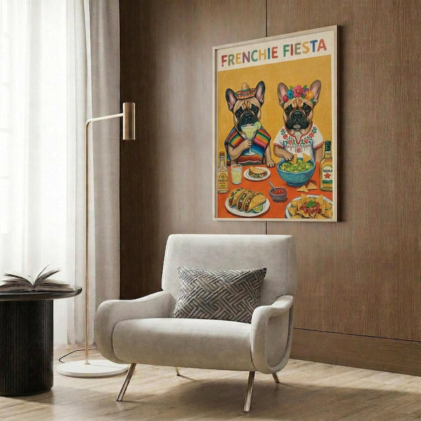 May include: Framed poster showing two French bulldogs in colorful Mexican attire sitting at a table with tacos, guacamole, and festive food on yellow and orange background, displayed above a cream upholstered chair with geometric pillow in modern room with wood paneling and gold floor lamp.